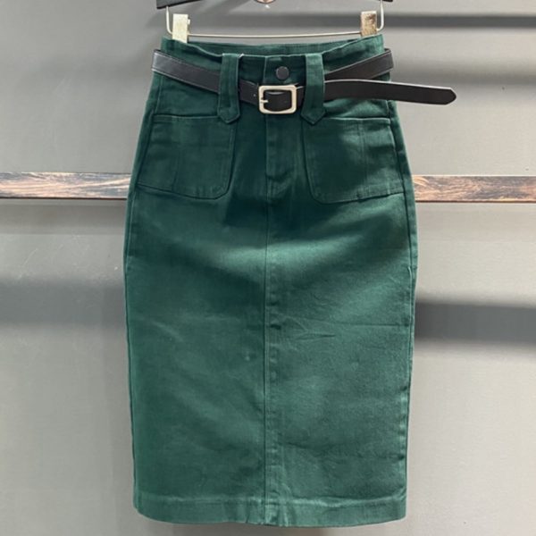 Casual denim high-waist knee length skirts with split - Image 2