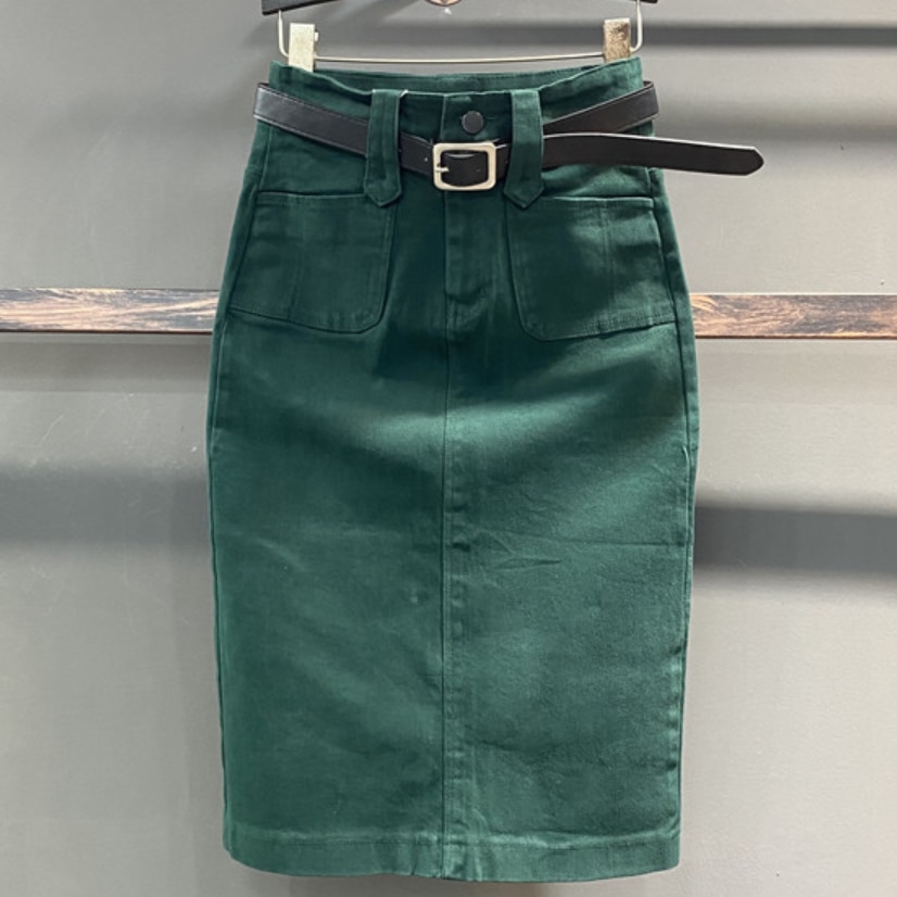 Casual denim high-waist knee length skirts with split
