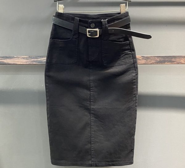 Casual denim high-waist knee length skirts with split - Image 3