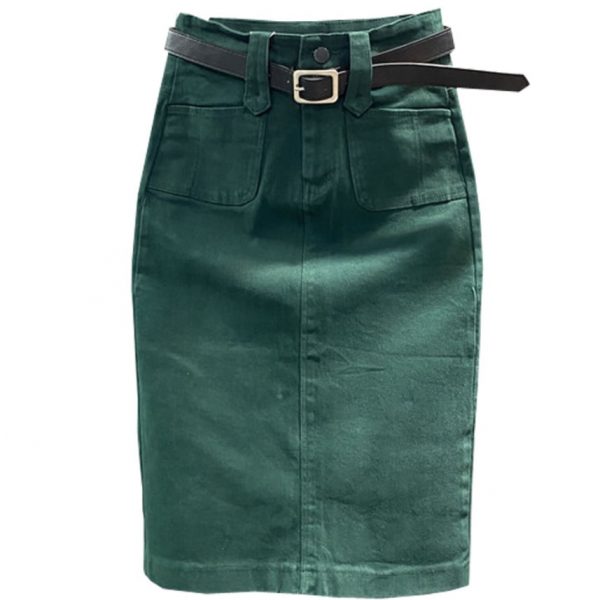Casual denim high-waist knee length skirts with split