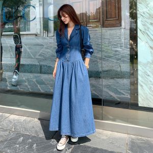 party woman winter elegant evening ladies dress spring autumn long sleeve slim denim long dress female