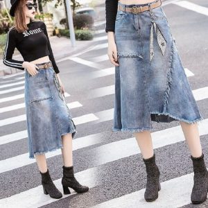 Denim high waist mid-calf length blue jean skirt 100% Cotton