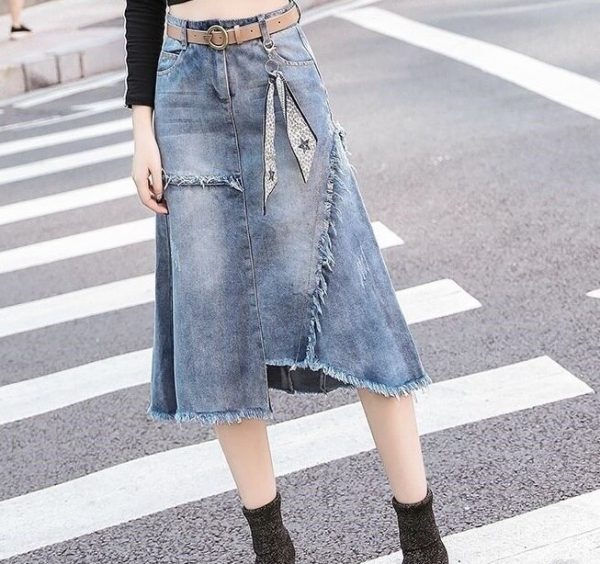 Denim high waist mid-calf length blue jean skirt 100% Cotton - Image 6