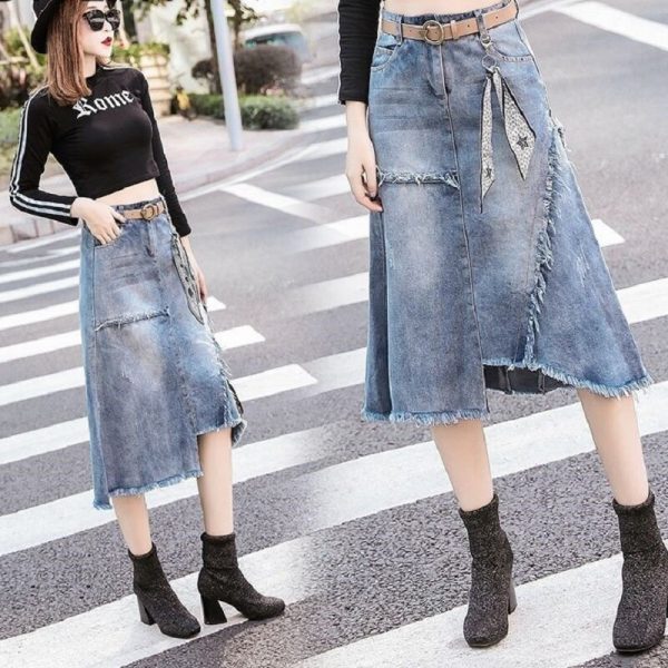 Denim high waist mid-calf length blue jean skirt 100% Cotton